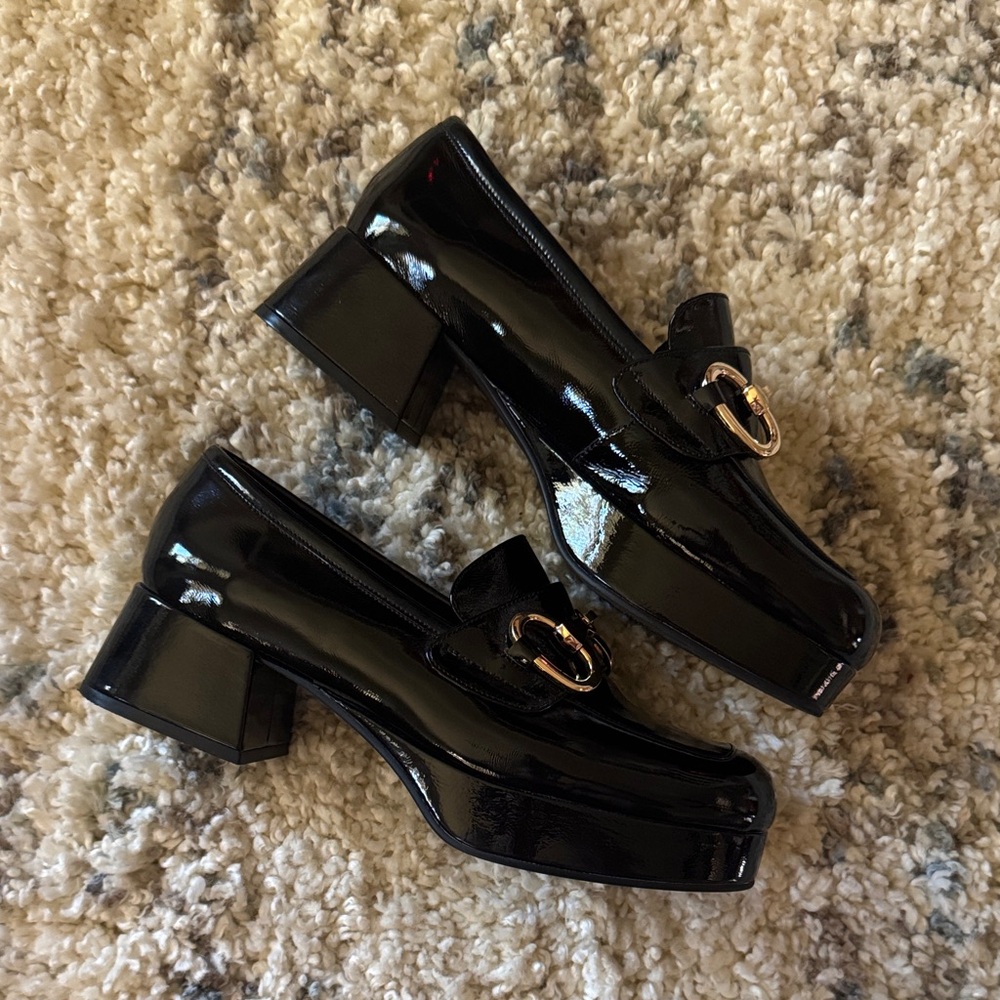 Jeffrey Campbell Glossy Black Loafers with Gold Buckle, worn once!